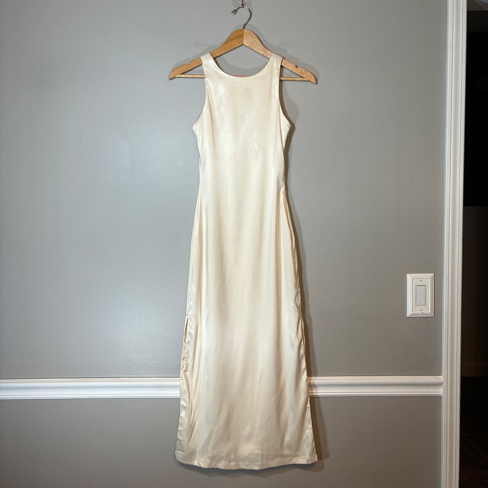 Missguided Champagne Satin High Neck Maxi Dress Cream Sleeveless Side Slit XS